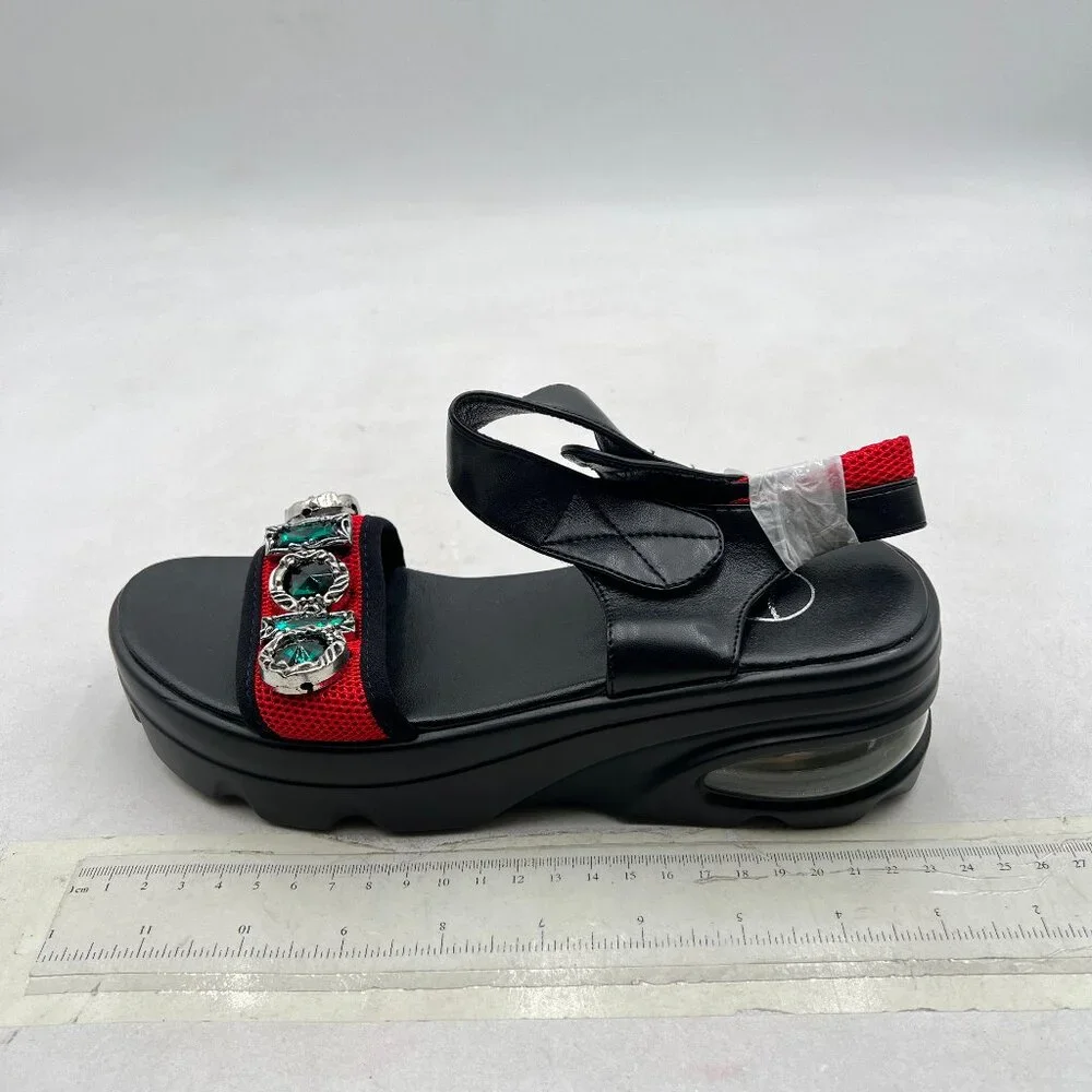 Black Crystal Women Platform Heels Sandal Open Toe Ankle Strap Clogs Shoes
